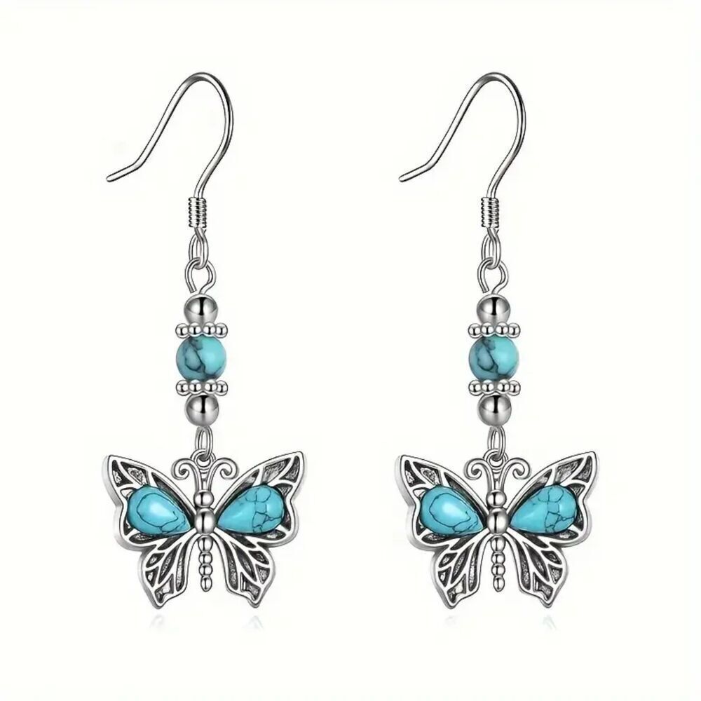 New - Butterfly Design Turquoise Inlaid Dangle Earrings
